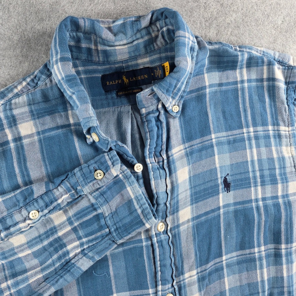 Ralph Lauren Button Down Mens Medium Blue Plaid Custom Fit Indigo Long Sleeve